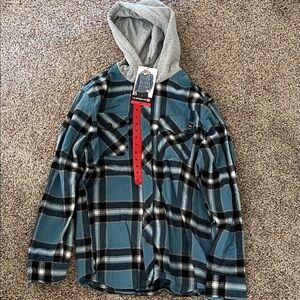 Quiksilver Blue and Gray Plaid Hooded Flannel